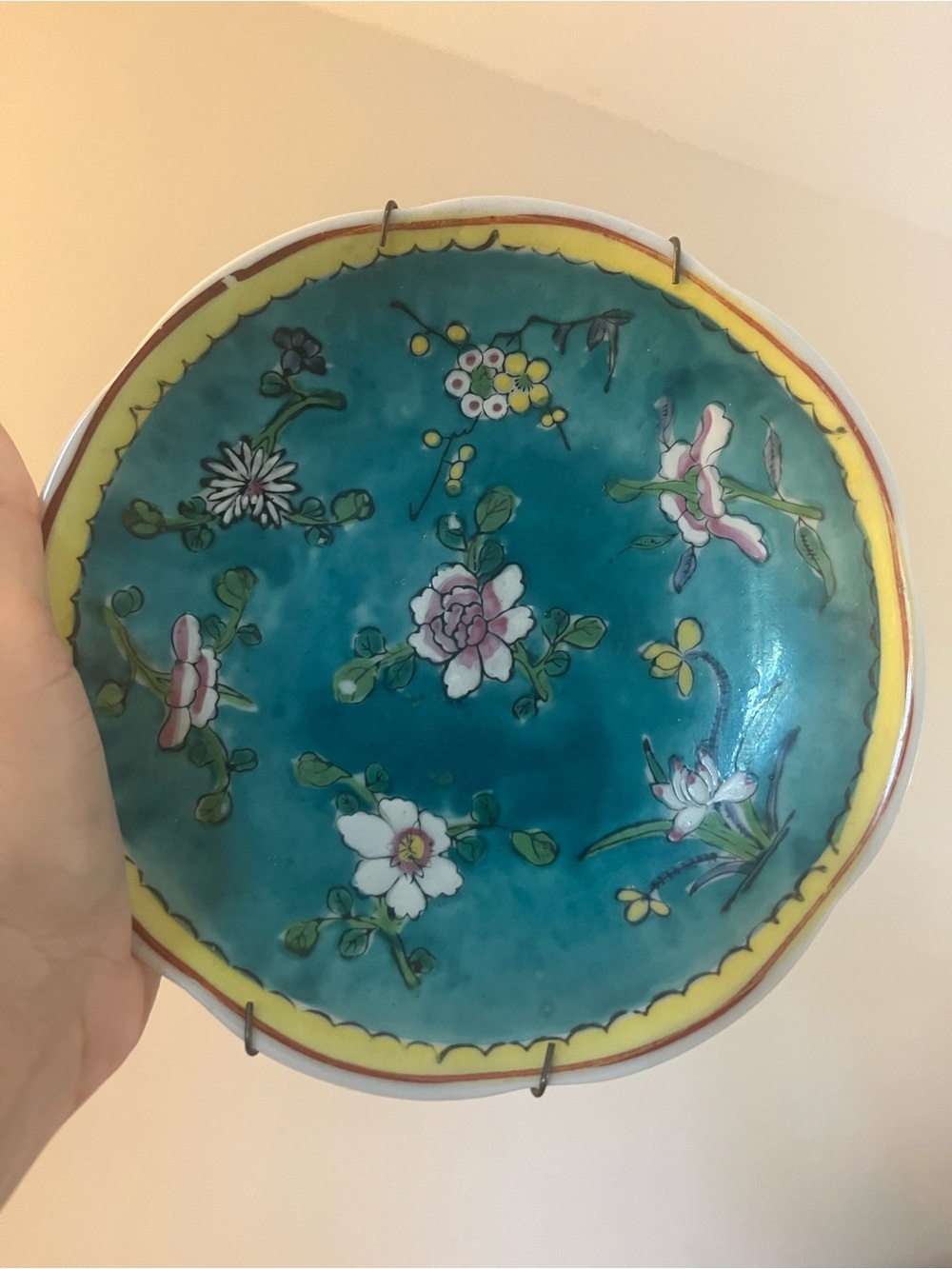 Hand-Painted Turquoise Floral Ceramic Plate wall decor or use for serving.